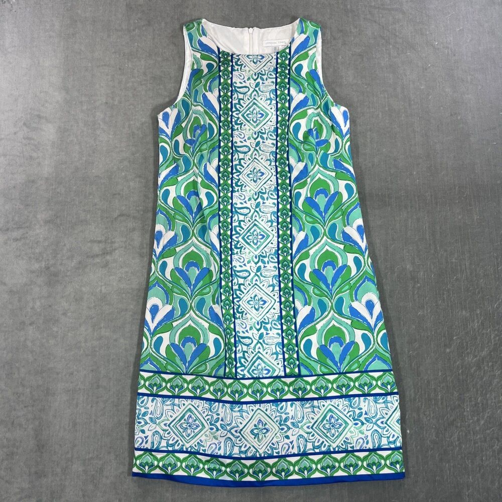 London Times‎ Womens Sz 2 Green Blue White Sleeveless Floral Short A-line Dress